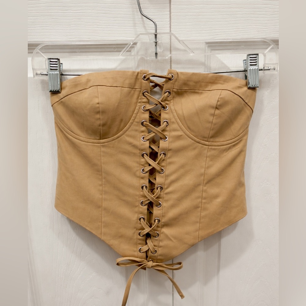 Superdown Lace-Up Corset Bustier Top Tan Size Small